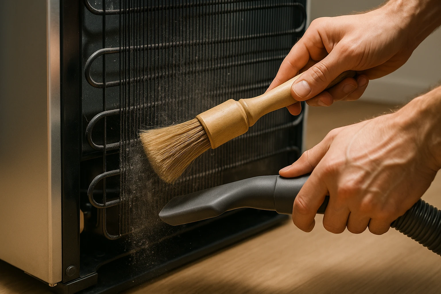 Person cleaning the coils on the back of a refrigerator