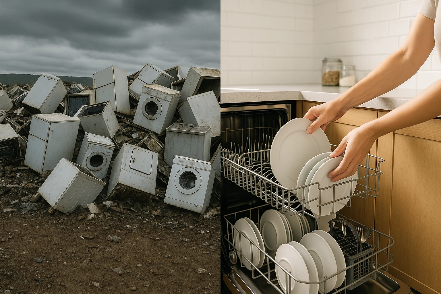 Illustration showing the environmental impact of appliance disposal in a landfill