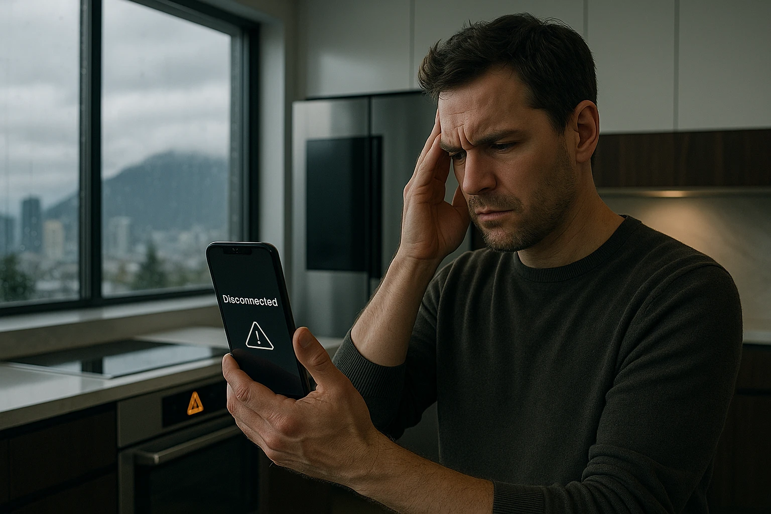 Frustrated homeowner with offline smart kitchen appliances in Vancouver.