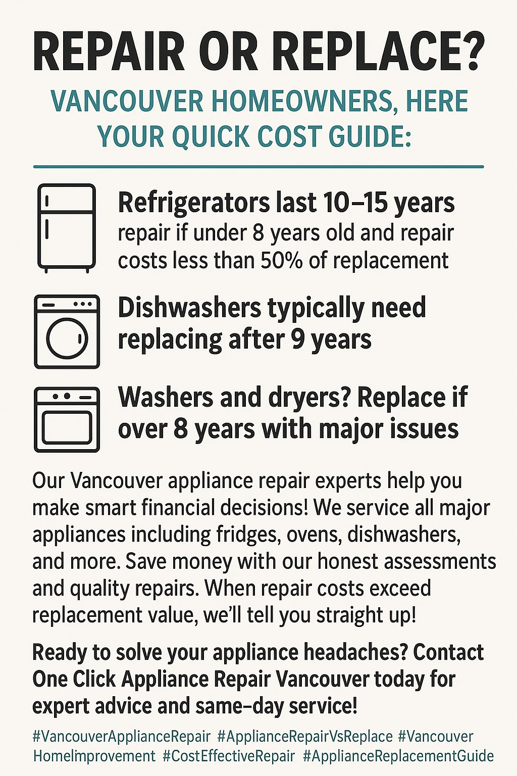 Infographic of key takeaways for appliance repair vs replace in Vancouver