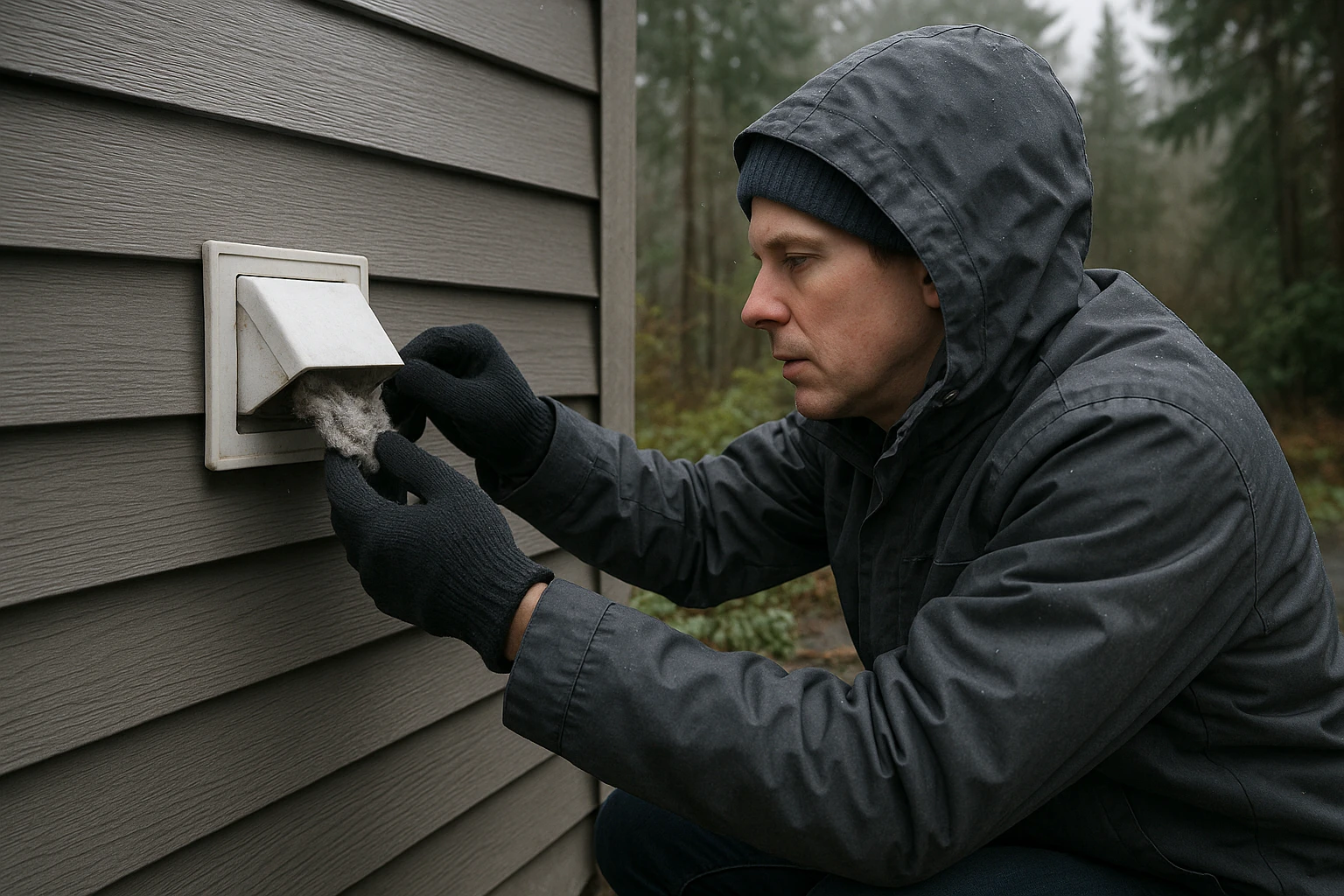 Person inspecting an exterior dryer vent for blockages