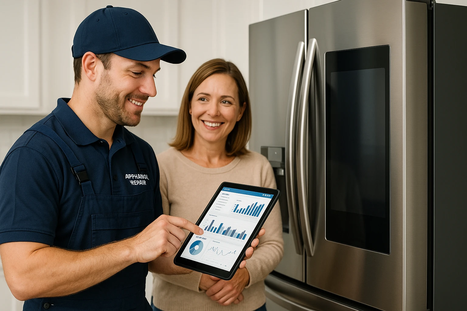 Professional technician diagnosing a smart fridge connectivity issue.