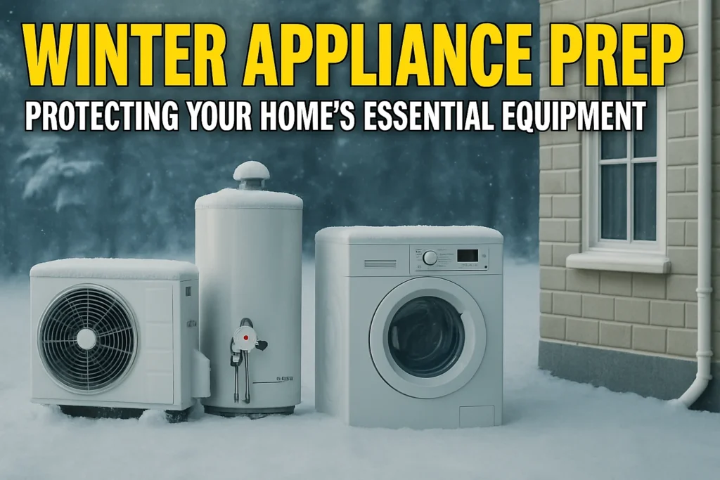 A washing machine, water heater, and an outdoor HVAC unit stand in a snowy landscape next to a house. The text "WINTER APPLIANCE PREP PROTECTING YOUR HOME'S ESSENTIAL EQUIPMENT" is overlaid at the top