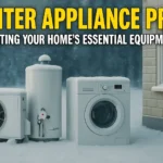 A washing machine, water heater, and an outdoor HVAC unit stand in a snowy landscape next to a house. The text "WINTER APPLIANCE PREP PROTECTING YOUR HOME'S ESSENTIAL EQUIPMENT" is overlaid at the top