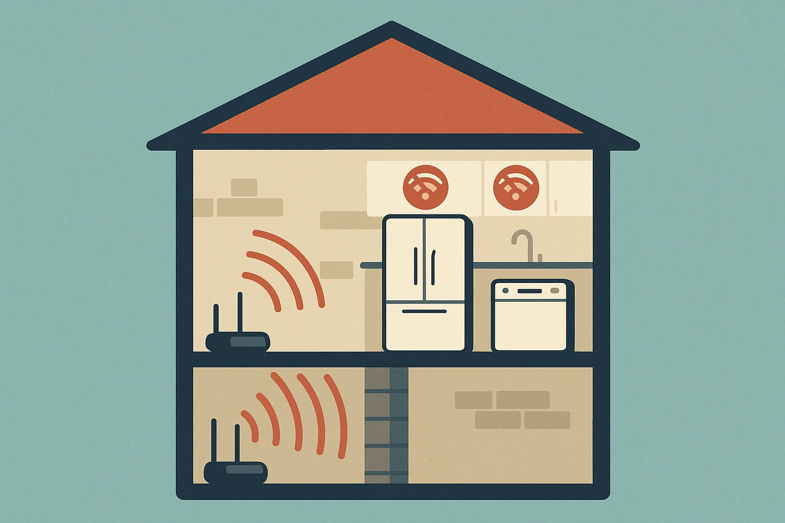 Graphic showing weak wifi signal being blocked from reaching smart appliances.