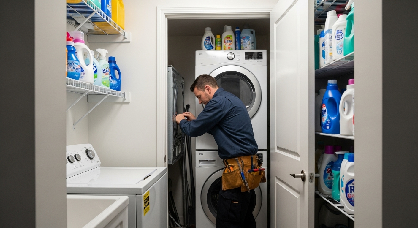 Appliance technician navigating a cramped condo kitchen for a repair