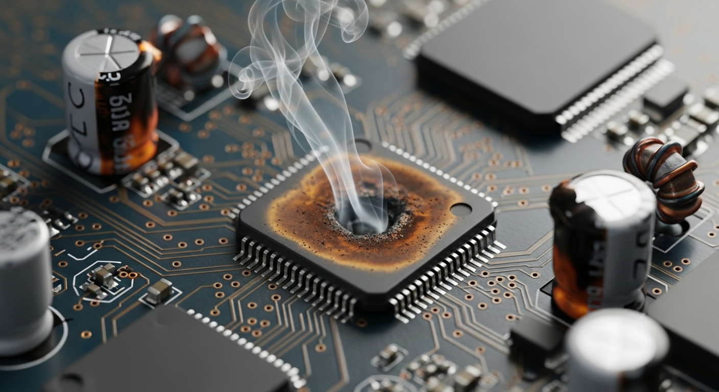 Close-up of a burnt and damaged circuit board from an appliance destroyed by a power surge.