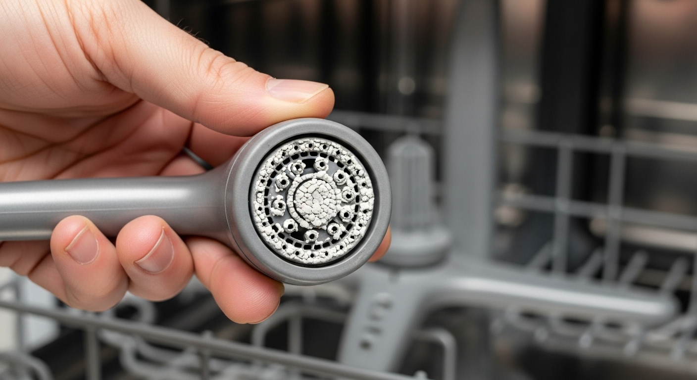 Dishwasher spray arm clogged with hard water mineral deposits