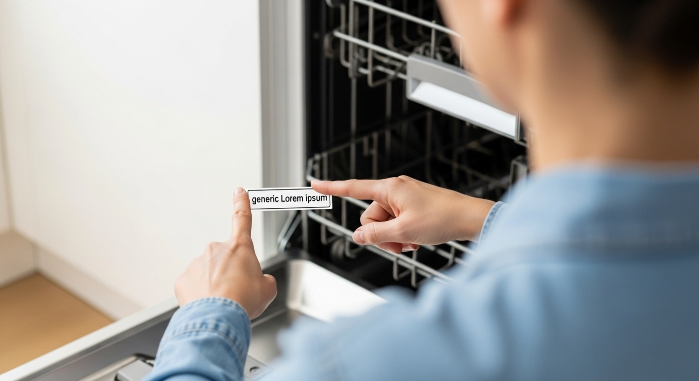 Close up of a hand pointing to the model and serial number sticker inside a dishwasher door frame.