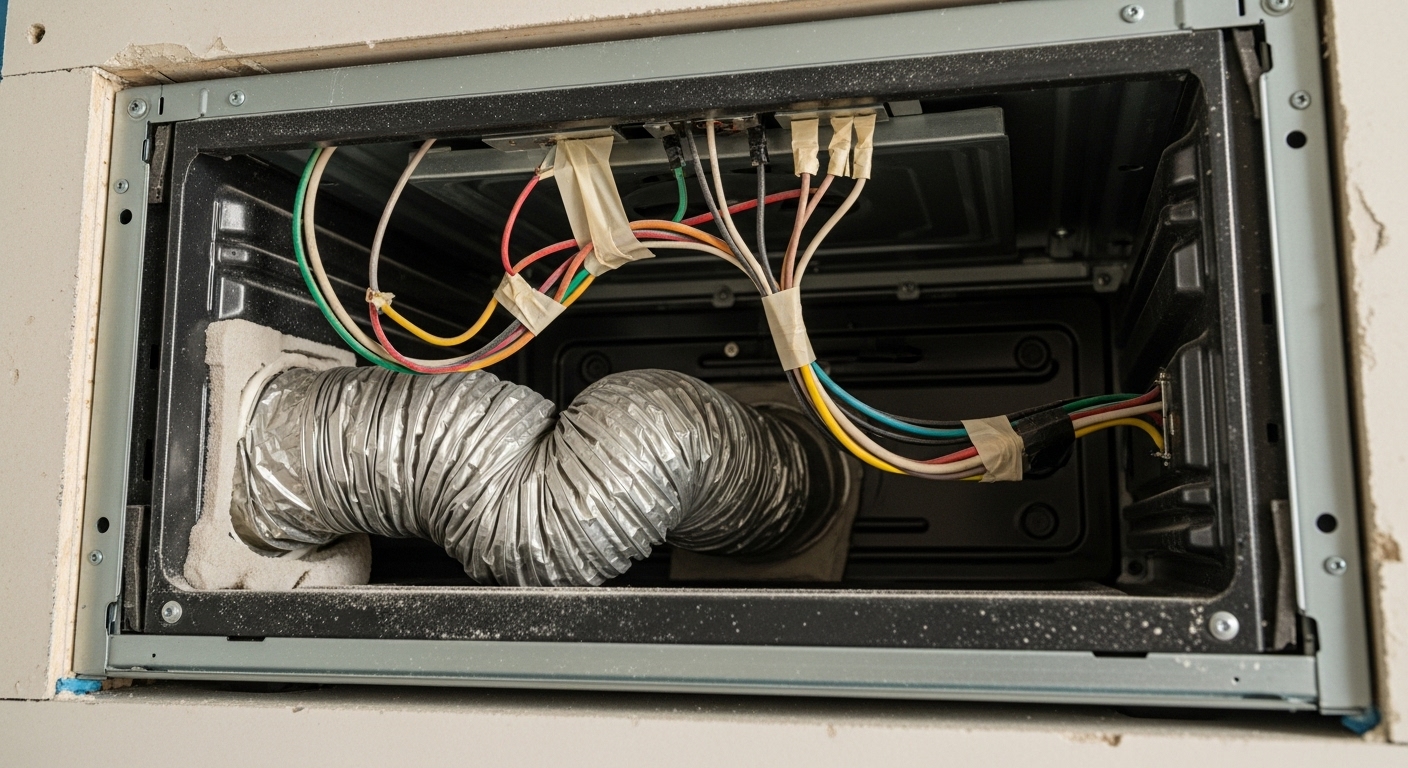 A technician inspecting an improperly installed appliance that could void the warranty
