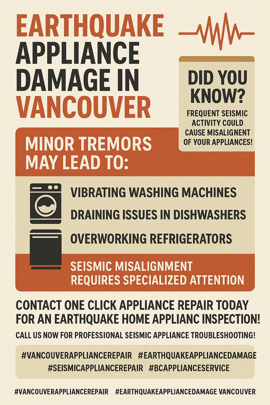 Infographic summarizing key takeaways about earthquake appliance damage in Vancouver.