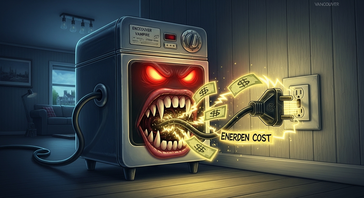 Diagram illustrating the hidden energy vampire costs of old appliances.