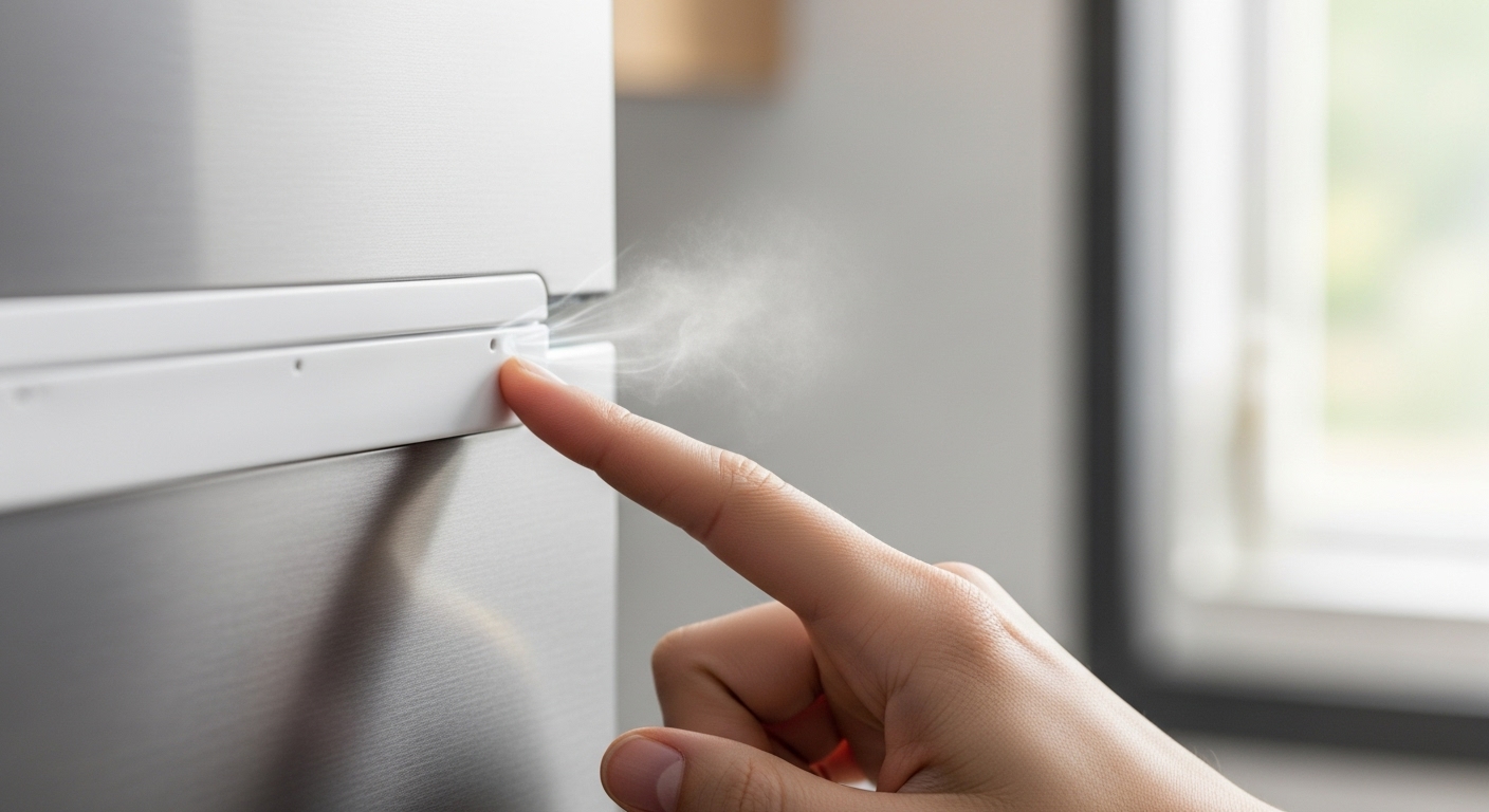 Person testing a refrigerator seal during a home appliance inspection.