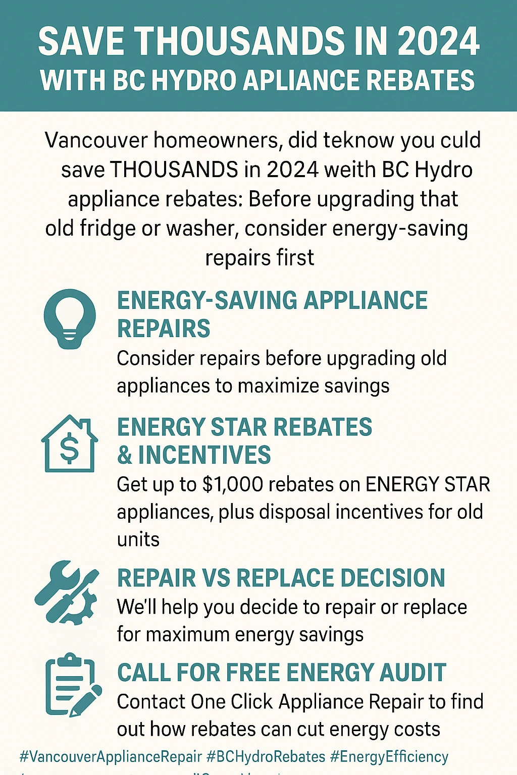 Infographic summarizing the key takeaways for Vancouver's 2024 appliance energy rebates.