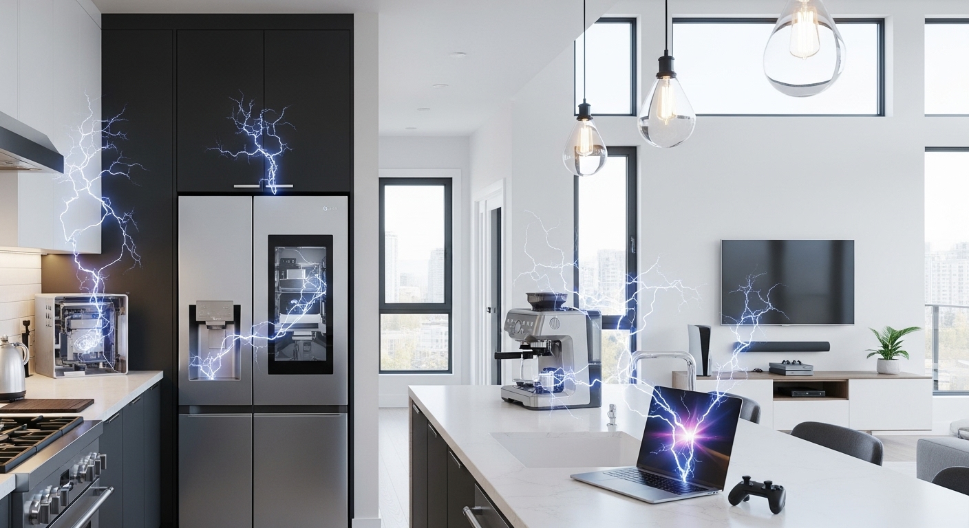 A modern kitchen full of smart appliances that are at risk from power surges.