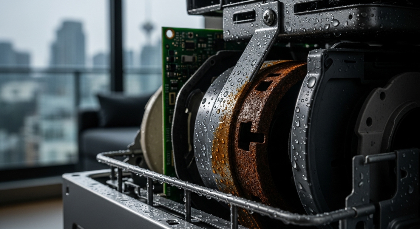 Appliance corrosion in a Vancouver condo caused by salt air and humidity