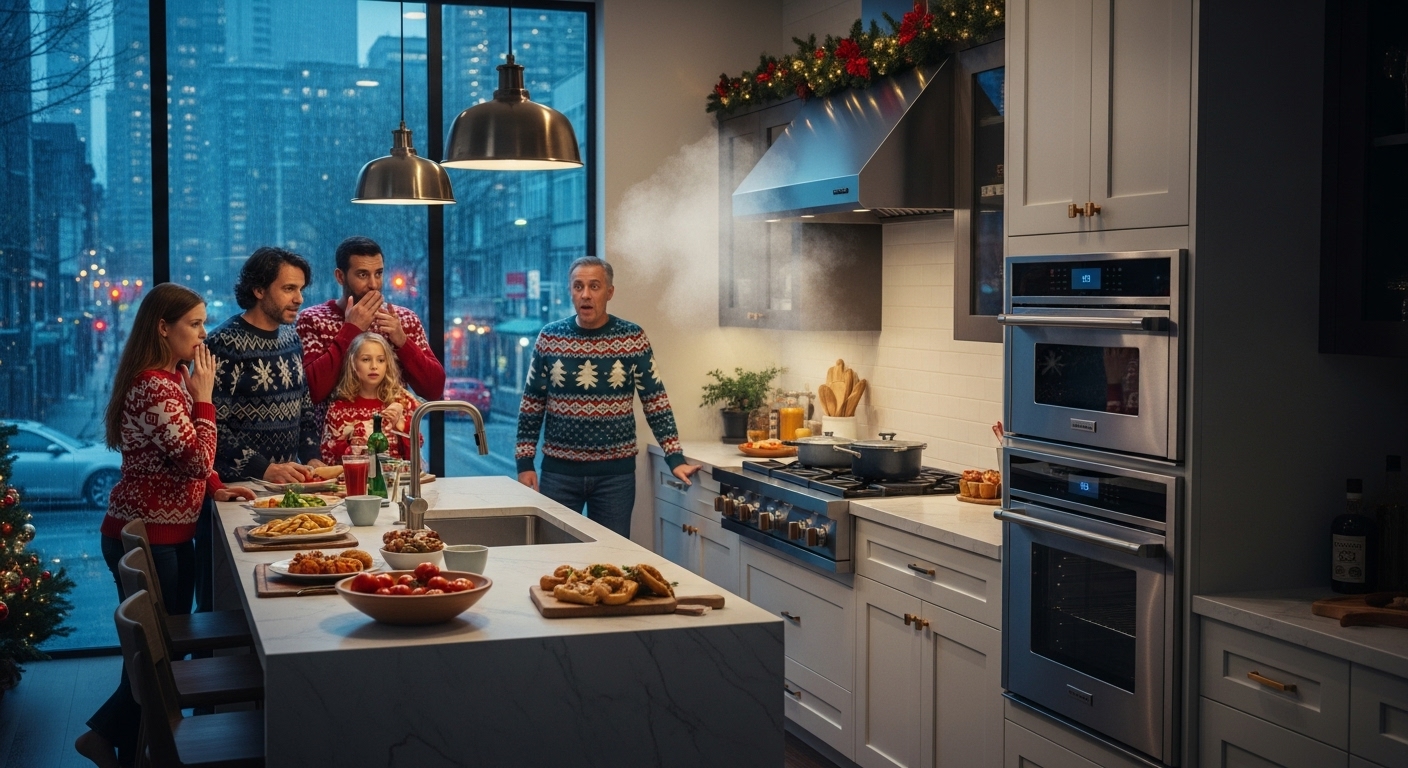 Frustrated person in front of a broken oven during the holidays
