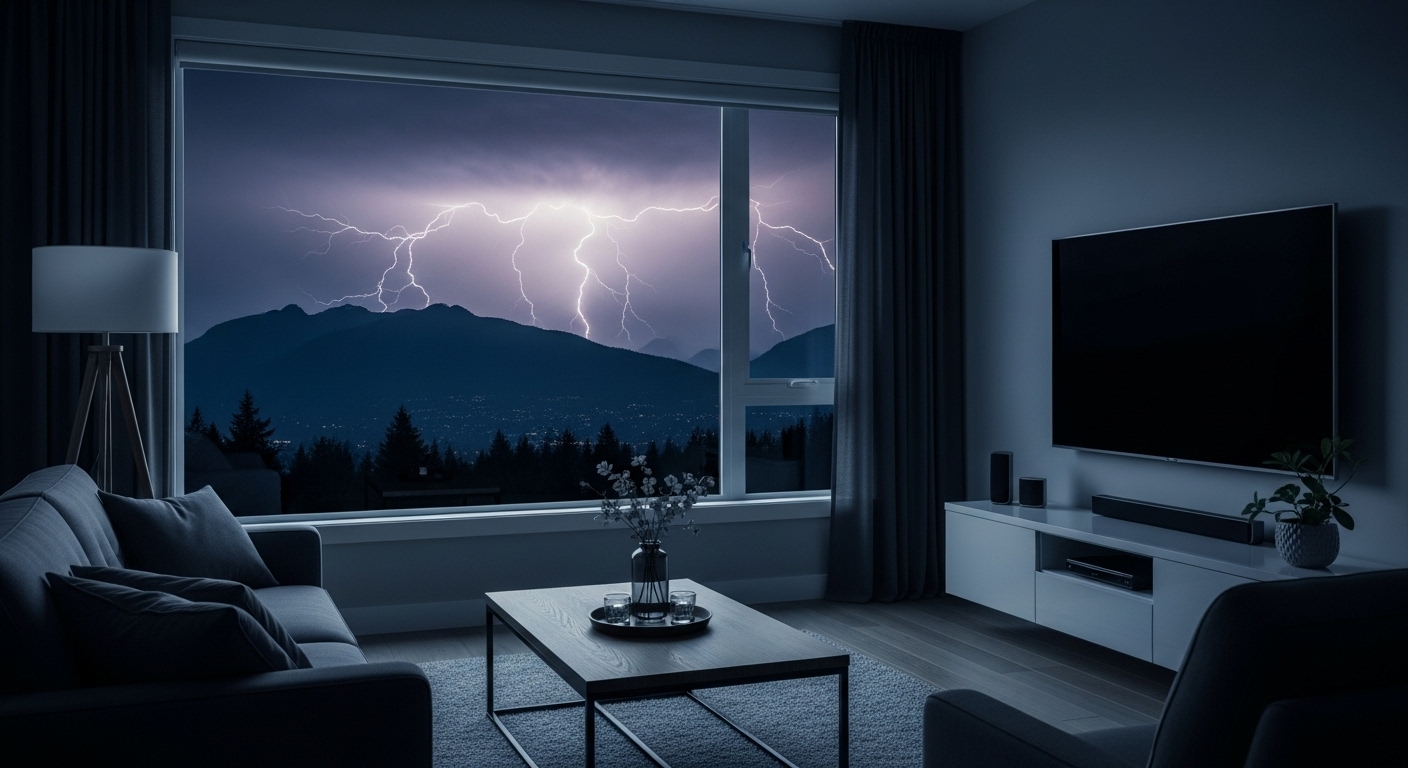 Storm clouds over a Vancouver home, illustrating the risk of weather-related power surges.