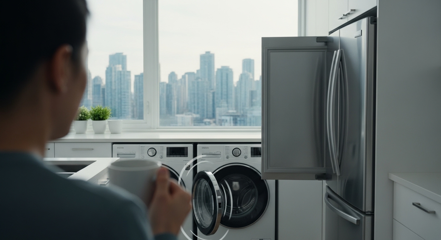 A Vancouver homeowner looking worriedly at their shaking appliances.