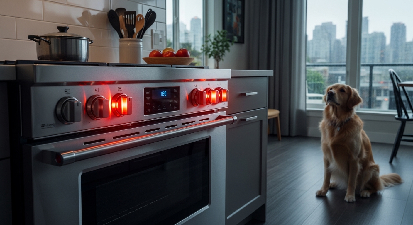 A pot on a stove top that has caught fire, representing a kitchen fire hazard from a recalled range.
