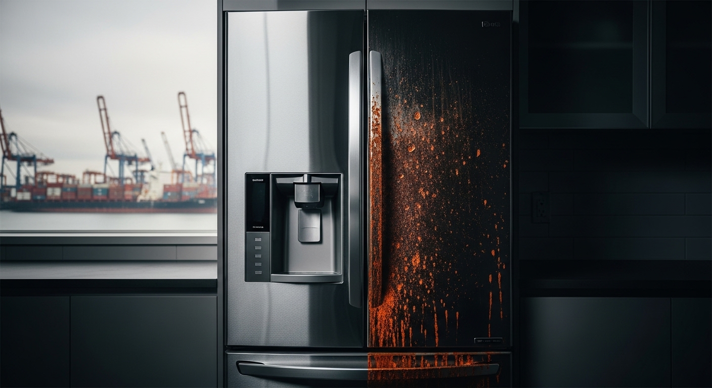 Corrosion on a stainless steel refrigerator caused by Vancouver port pollution.