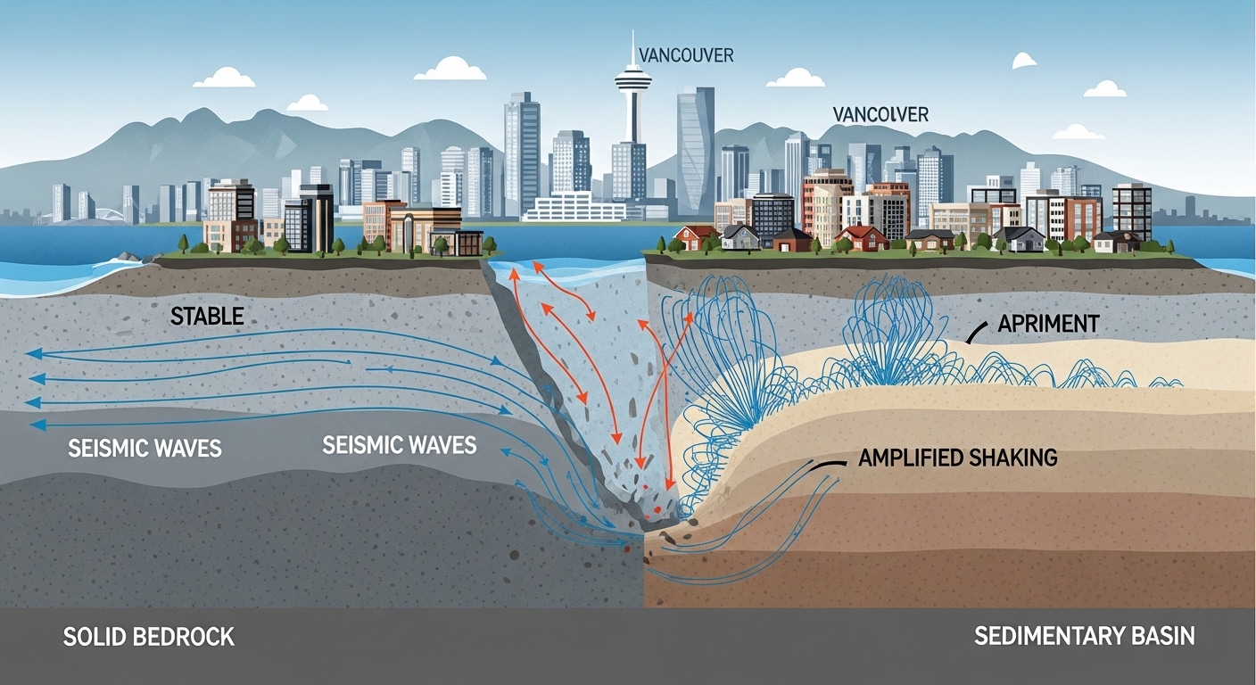 Diagram showing how the Vancouver sedimentary basin amplifies earthquake waves.