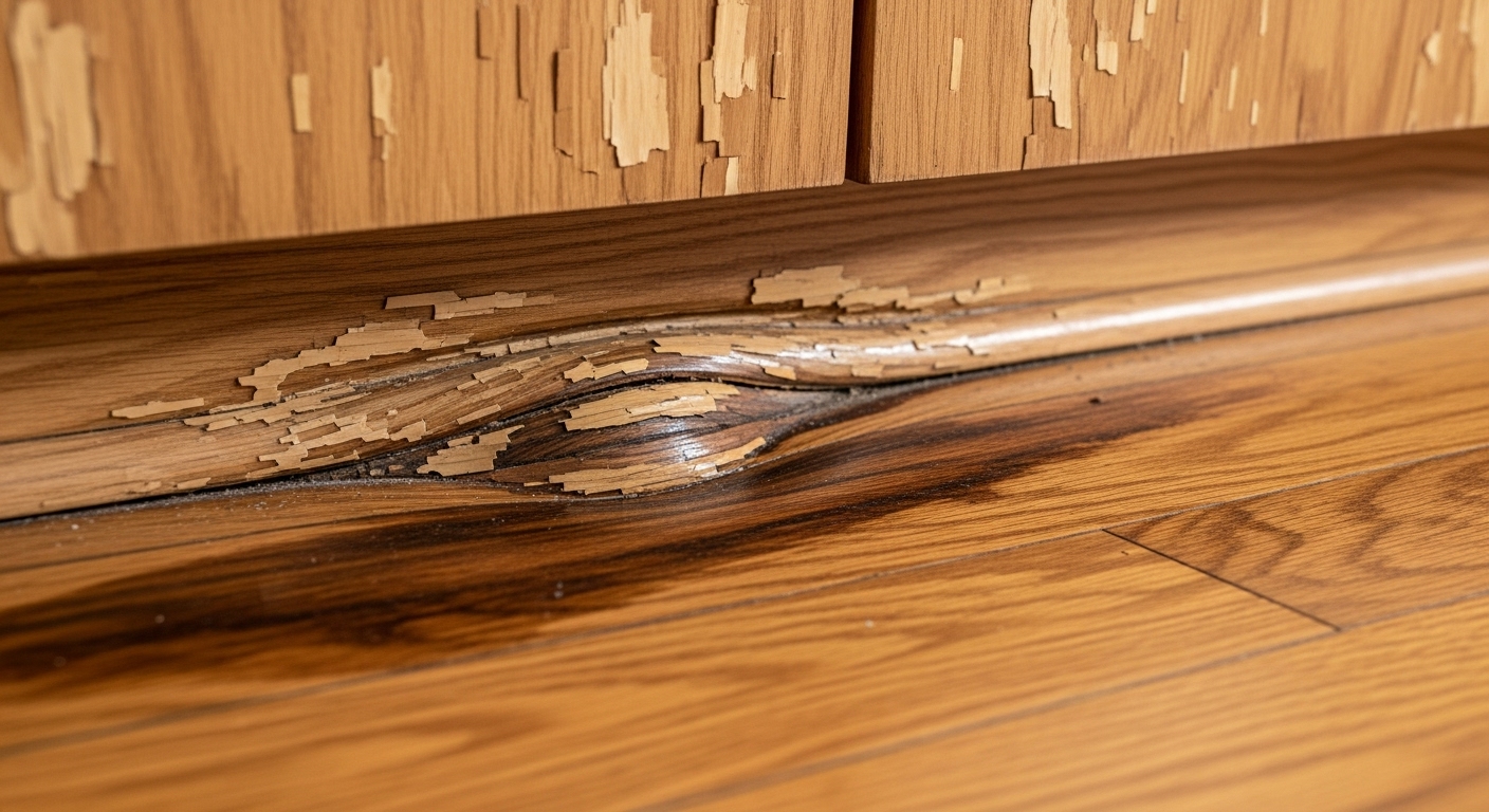 Warped hardwood floor resulting from a dishwasher leak