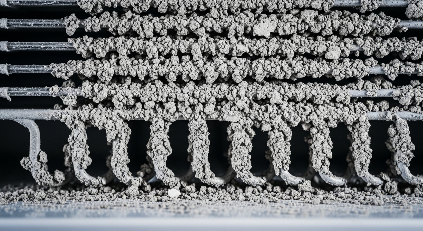 Refrigerator condenser coils clogged with a thick layer of construction dust.