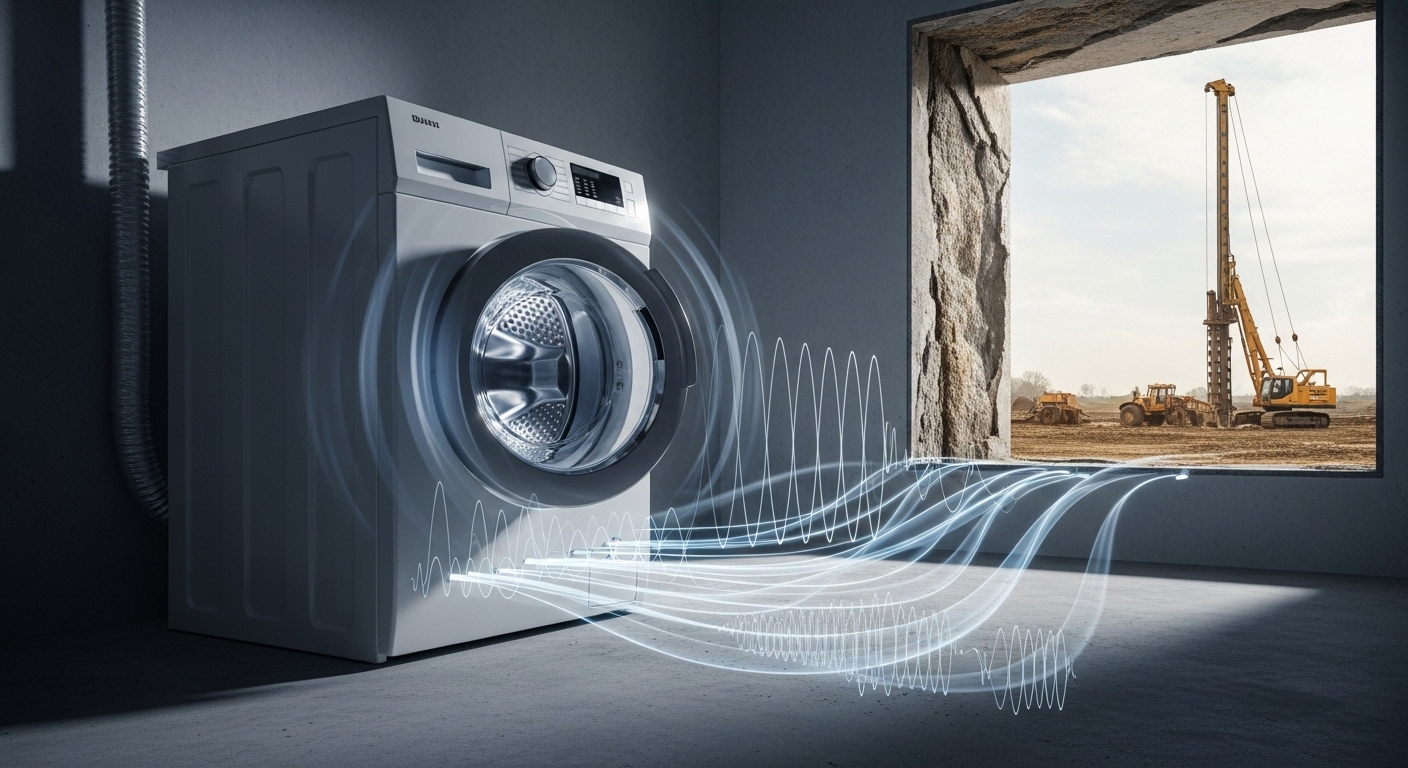 A washing machine shaking violently due to internal damage from construction vibrations.