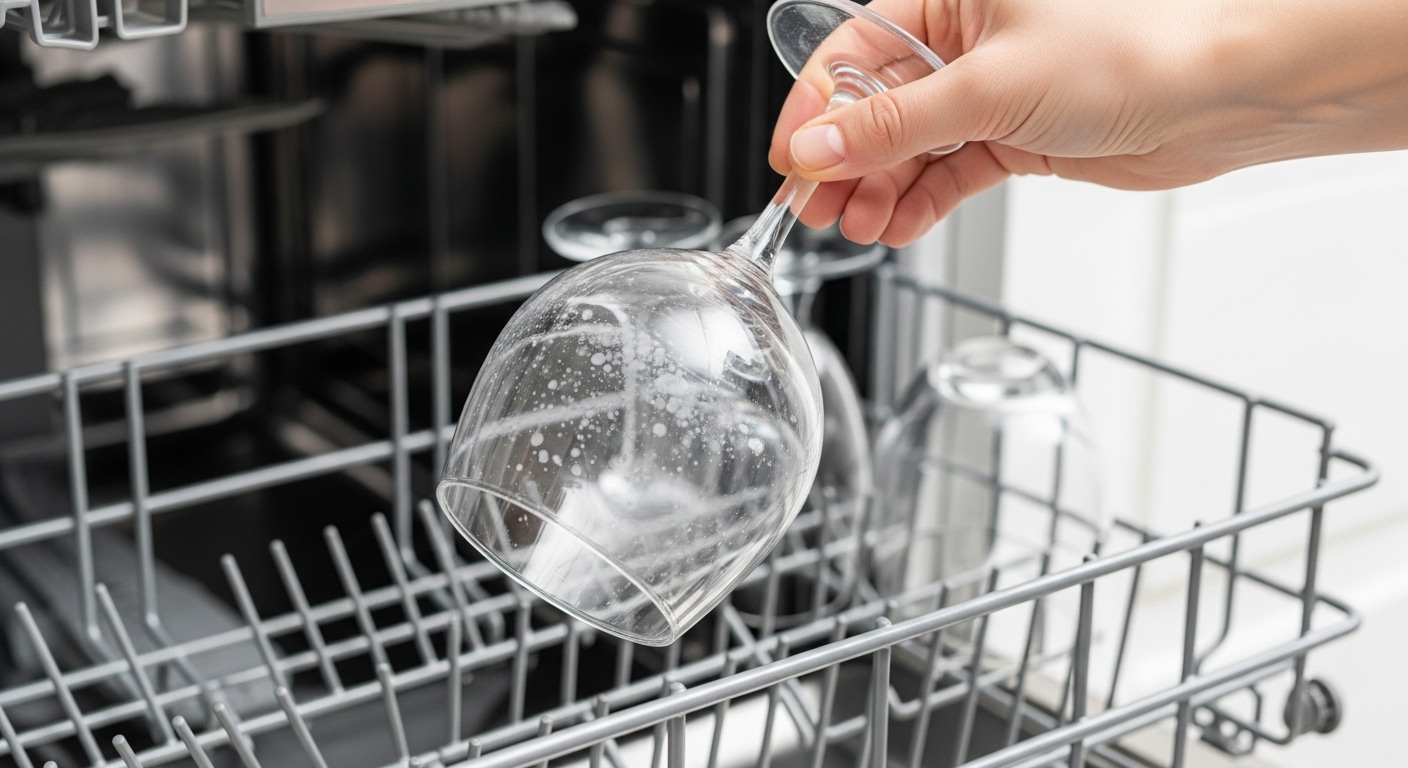 Close-up of a drinking glass covered in white spots and residue after being washed in a dishwasher.