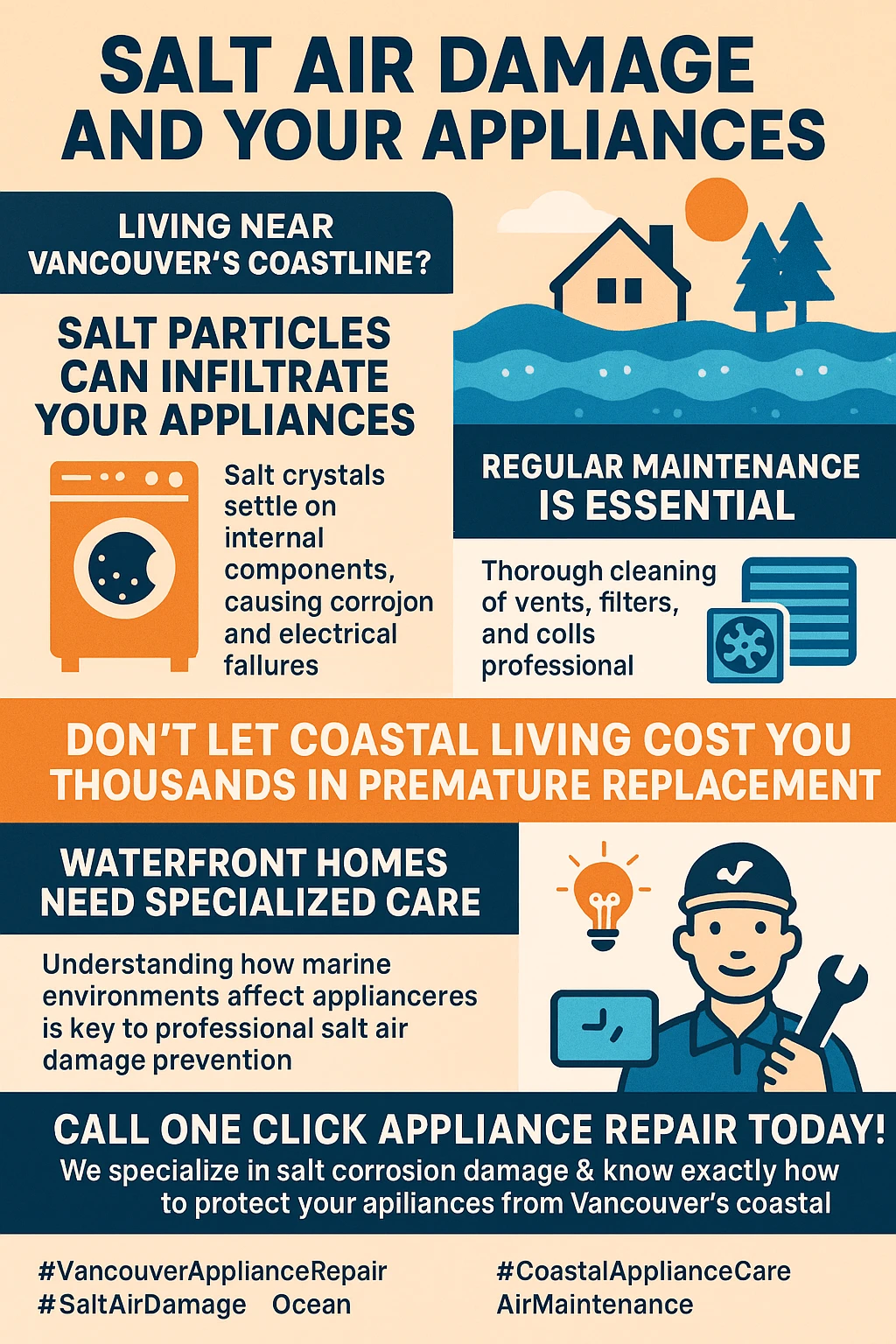 Infographic summarizing key takeaways about salt air appliance damage in Vancouver homes