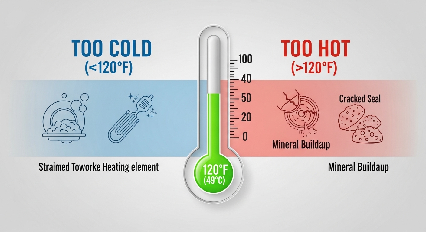 Infographic showing the optimal water temperature of 120°F for appliances like dishwashers and washing machines.