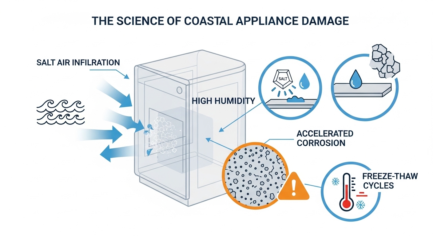 Infographic explaining the science of salt air corrosion on household appliances
