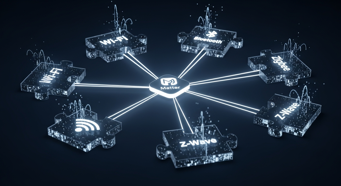 Diagram explaining smart home communication protocol clashes and the Matter solution