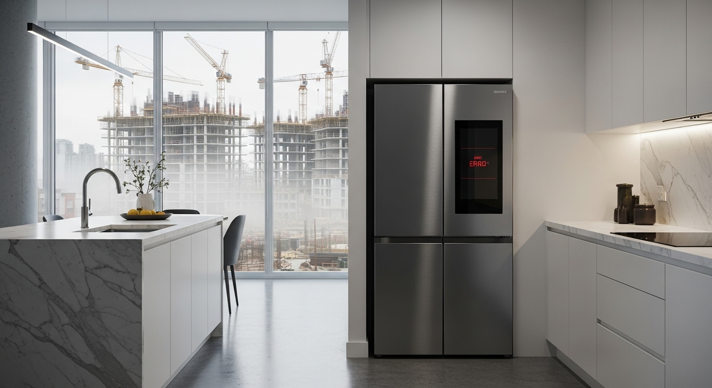 A modern kitchen in a Vancouver condo with appliances, showing nearby construction through the window.
