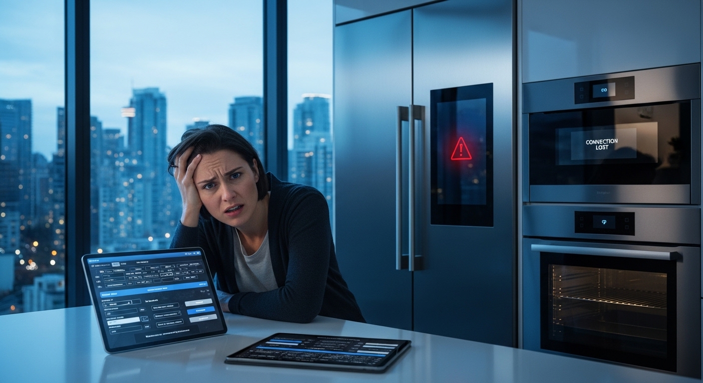 Frustrated person looking at non-working smart kitchen appliances in Vancouver