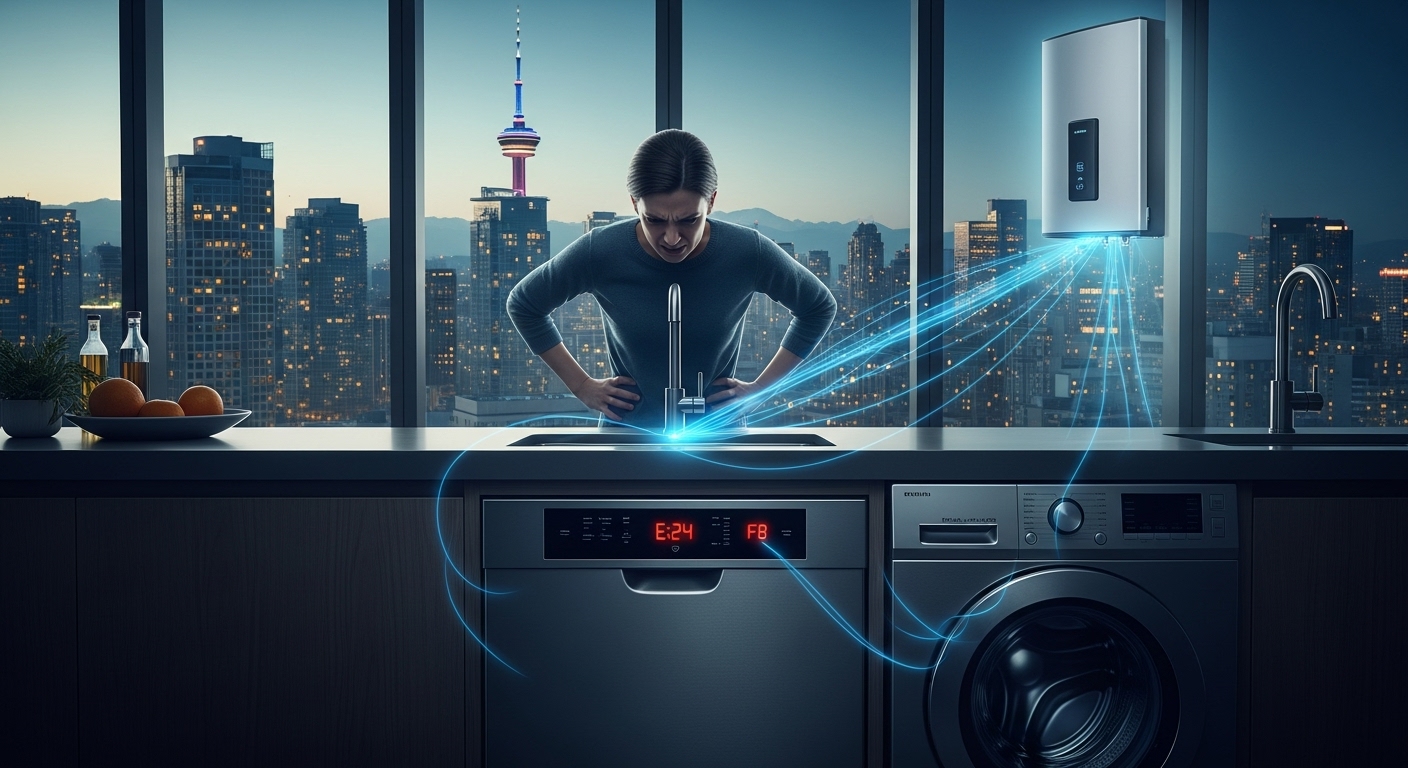 A hot water heater connected to a dishwasher and washing machine, illustrating how it can sabotage them.
