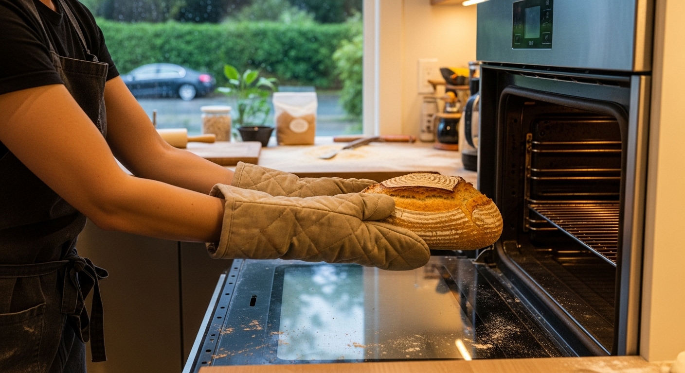 Home baker in a modern Vancouver kitchen, part of the sourdough trend.