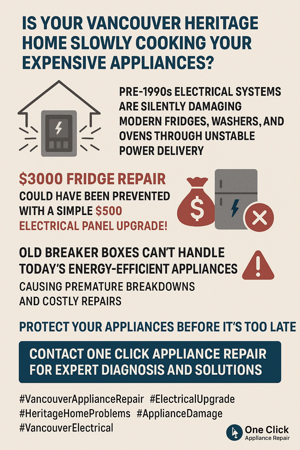 Infographic detailing statistics on how old electrical systems in Vancouver damage modern appliances.