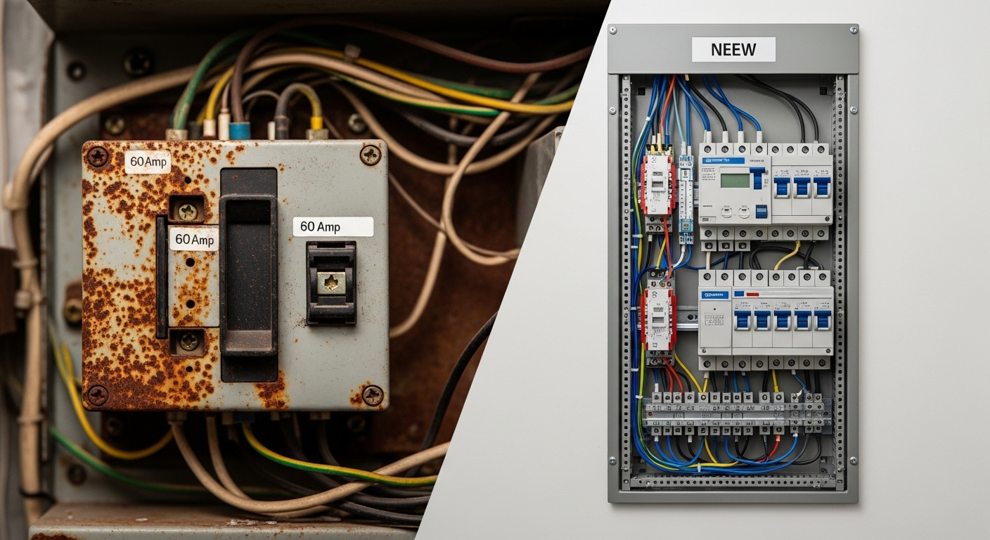 Side-by-side comparison of an old, outdated electrical panel and a modern, safe electrical panel.