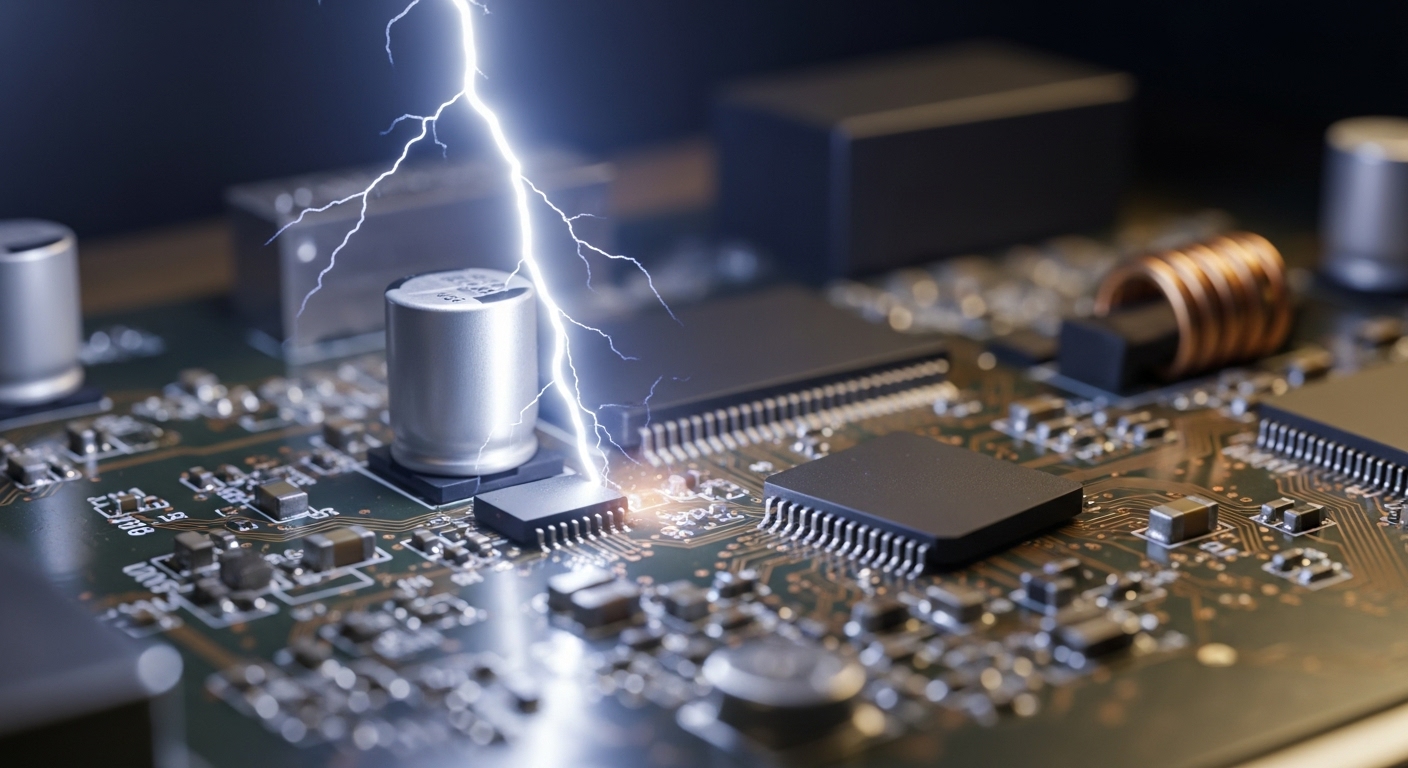 Illustration of a power surge traveling through wiring and damaging the internal circuits of a modern appliance.