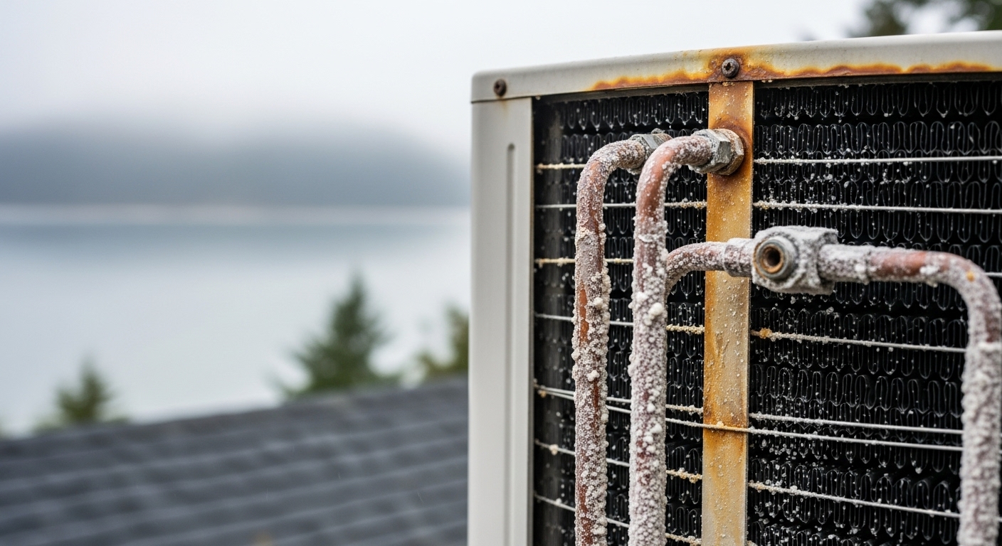Close-up of salt air corrosion on an outdoor appliance component in Vancouver.