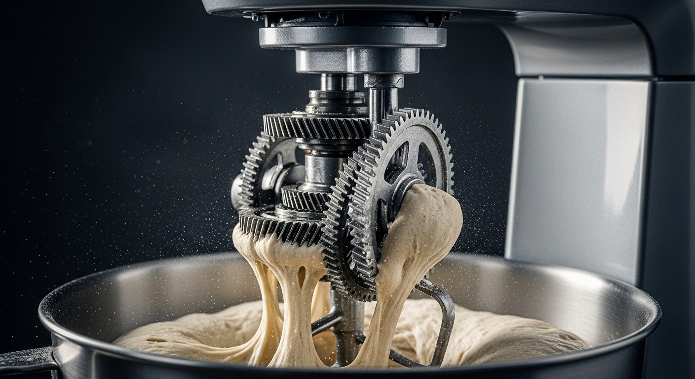 Close-up on internal gears of a stand mixer showing stress from heavy dough.
