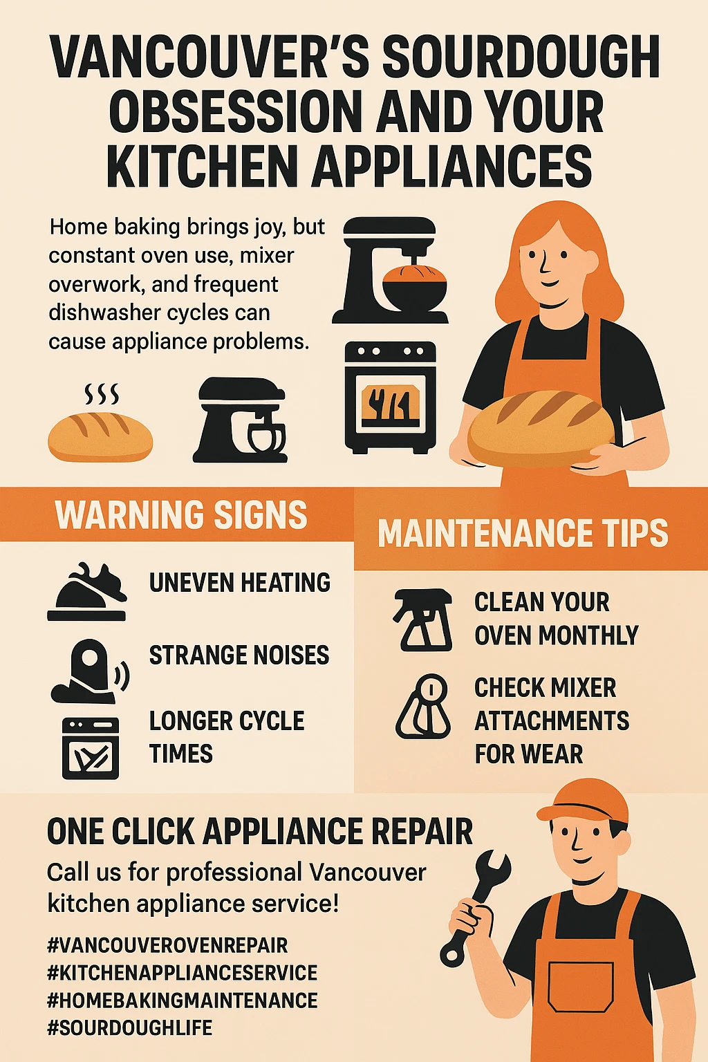 Infographic detailing appliance maintenance tips for home bakers in Vancouver.