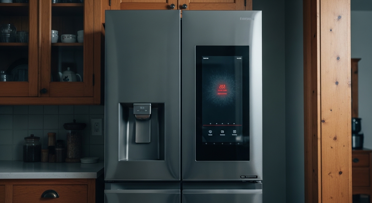 A modern smart refrigerator in a Vancouver heritage home kitchen showing an error code.