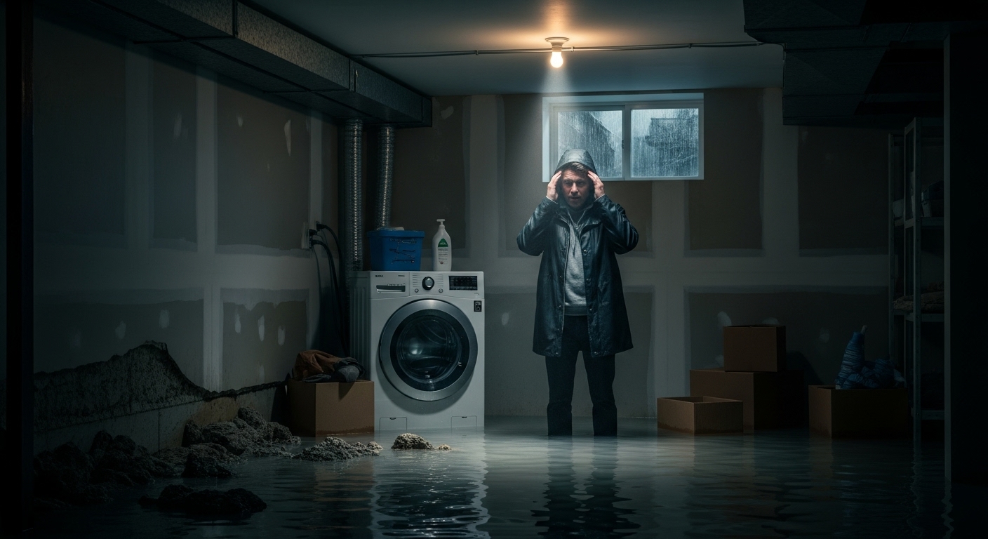 Flooded basement in a Vancouver home due to a broken appliance, a common home insurance claim scenario.