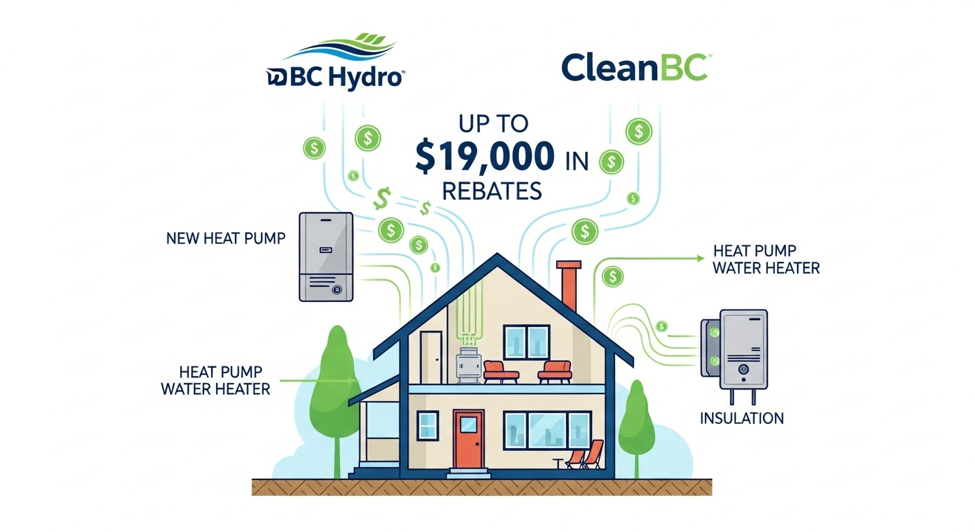 Infographic detailing the BC Hydro and CleanBC rebates available for Vancouver homeowners.