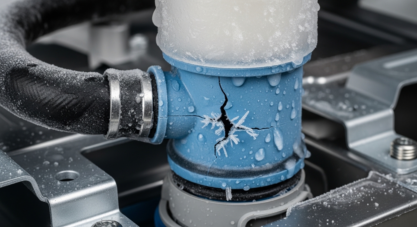 A frozen and cracked internal pipe from a dishwasher, showing freeze damage