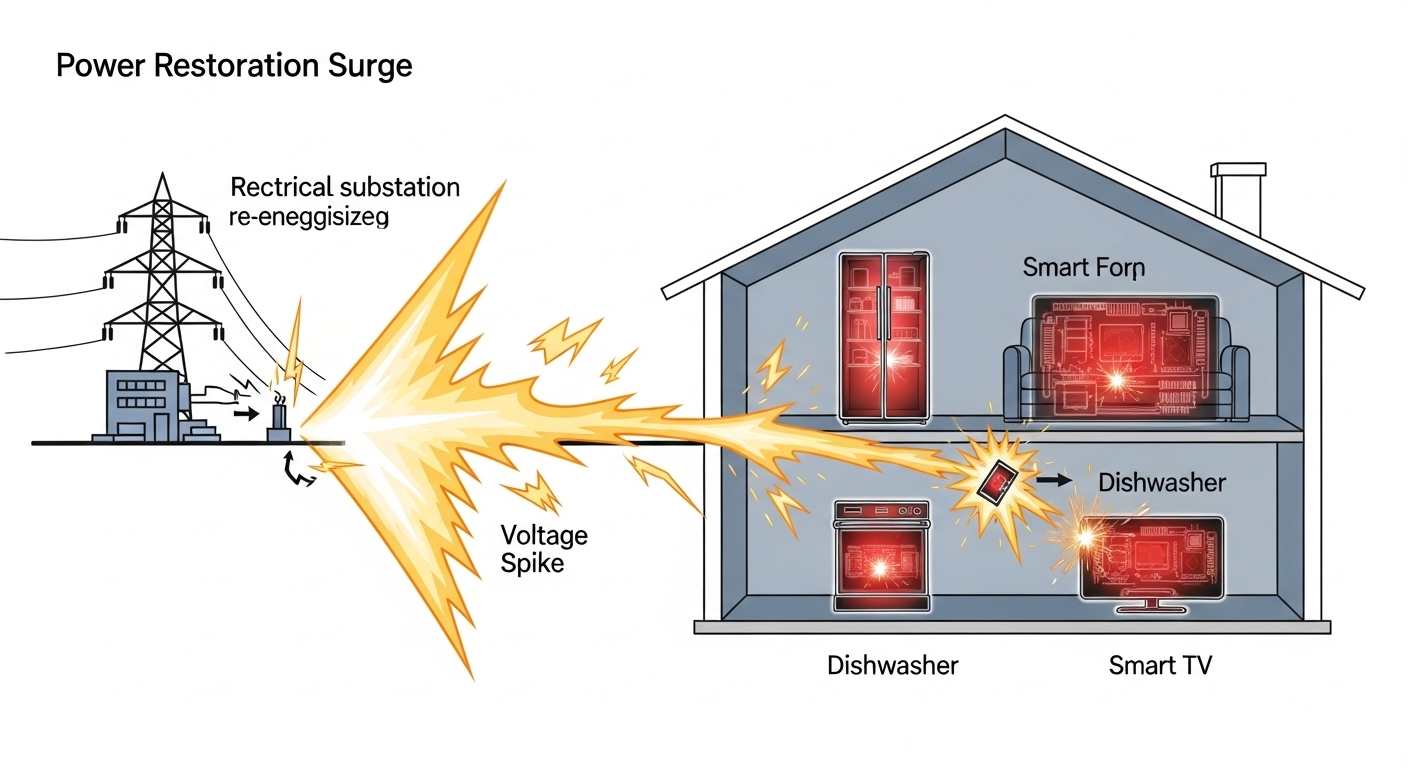 A collection of smart home appliances damaged by a power restoration surge