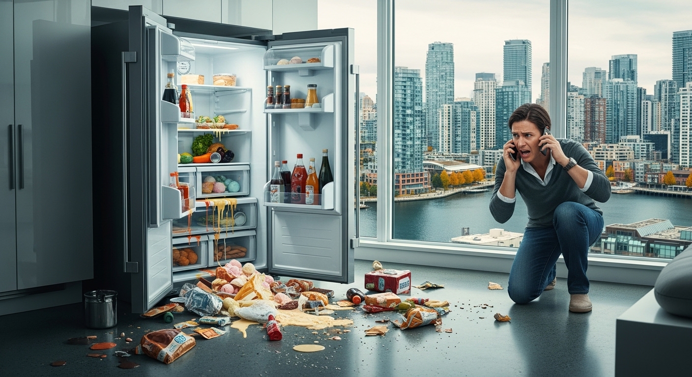 A broken refrigerator in a Vancouver Airbnb rental unit with spoiled food on the floor creating chaos.